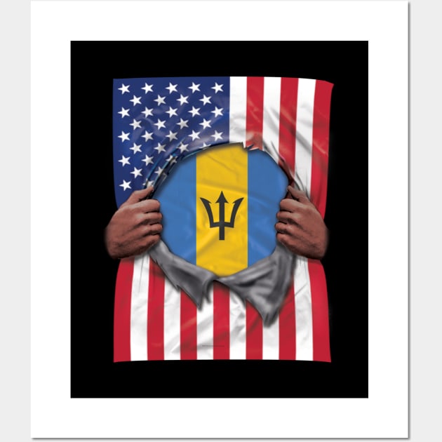 Barbados Flag American Flag Ripped - Gift for Barbadian From Barbados Wall Art by Country Flags